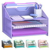 Samstar Purple Desk File Organizer, Mesh Letter File Folder Holder with 3 Paper Trays and 2 Vertical Upright Section, for Office