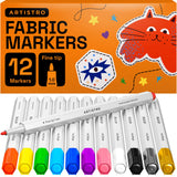 ARTISTRO 12 Fabric Markers - Fine Tip Fabric Markers Permanent for Clothes - No Bleed Pens for T-Shirts, Bags, Textile, Canvas, 