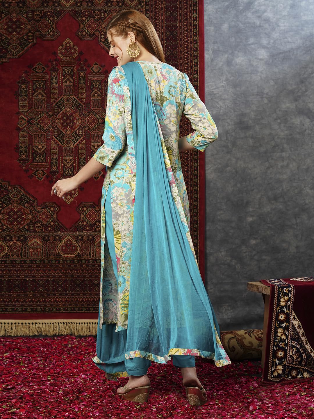 Gosriki Women'S Cotton Blend Printed Straight Kurta With Pant & Dupatta (Ruth Rama-Jl-Gs_M_Multi_Medium),Rama Blue,,B0D73Y8KCG