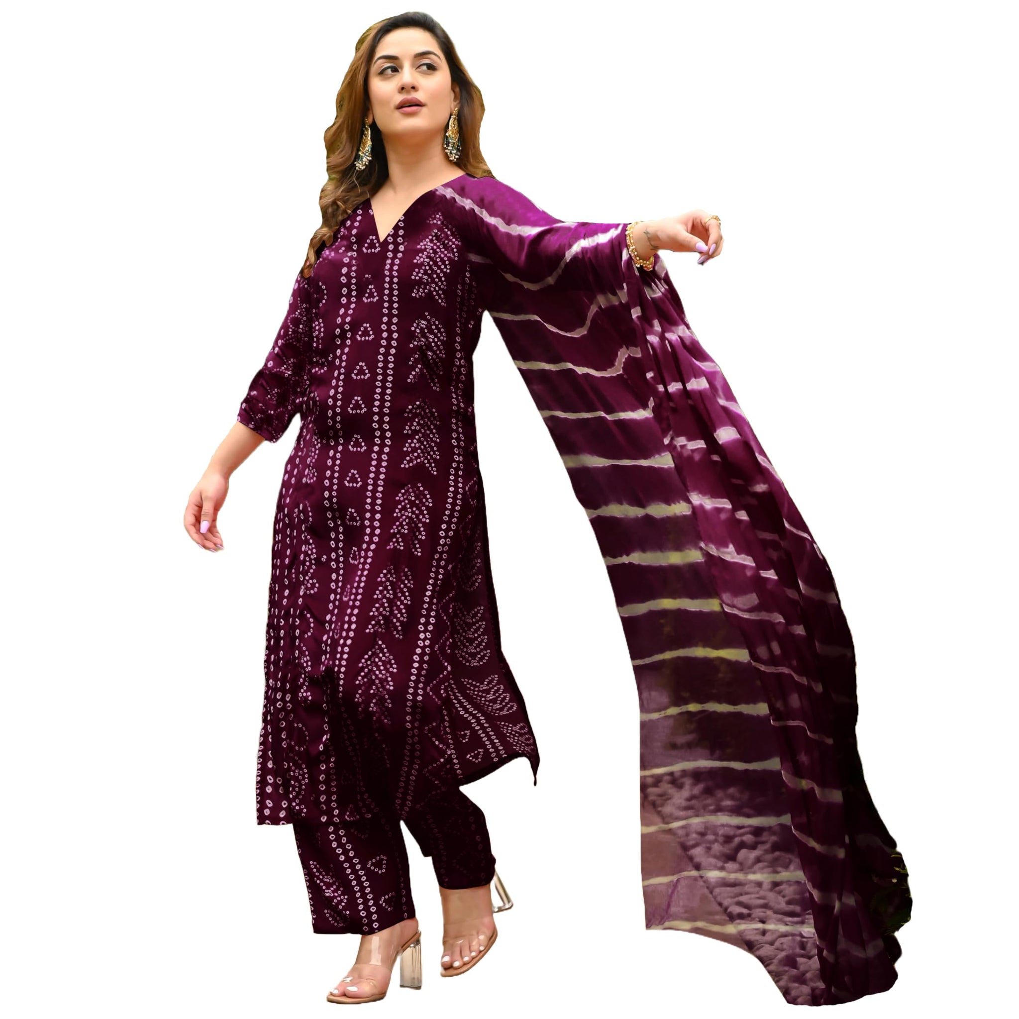 Anni Designer Women'S Rayon Blend Straight Bandhej Printed Kurta With Pant & Dupatta (Baghira Wine_4Xl_Wine_Xxxx-Large),Wine,4XL