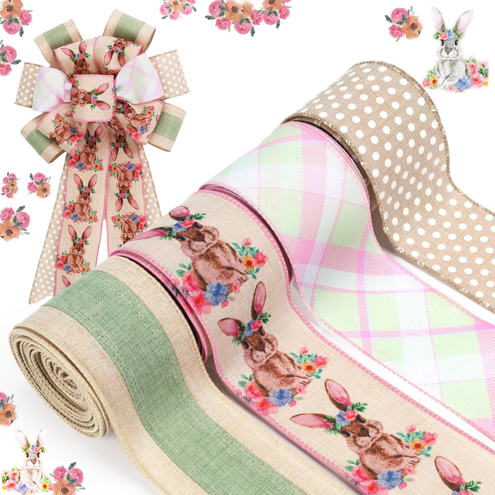 LaRibbons Easter Ribbon Wired 4 Rolls 2.5 Inch x 24 Yards TTL, Floral and Bunny Easter Ribbon with Plaid and Polka Dot for Craft