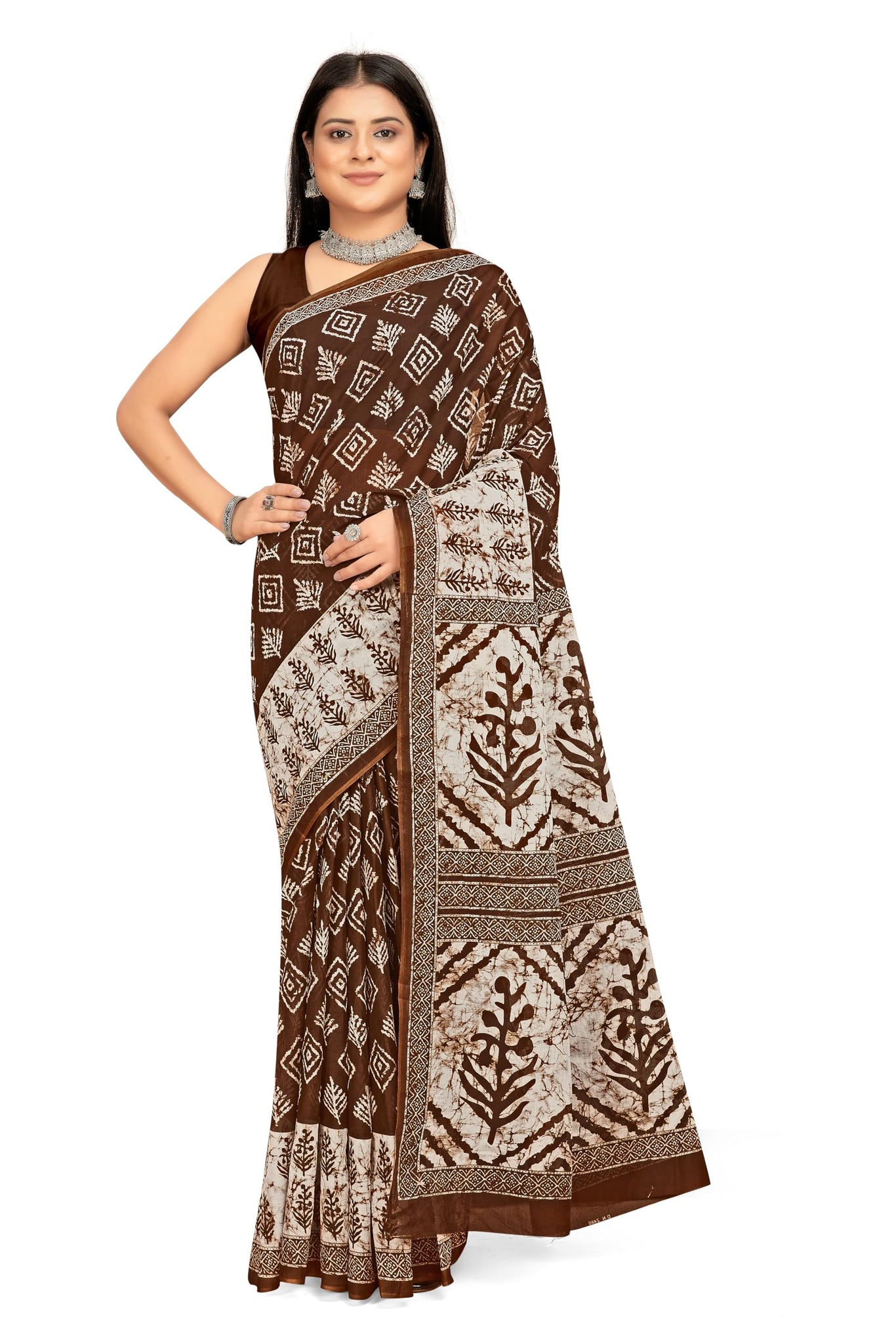 Tamaira Fashion Women's Plain Cotton Saree (2480_Brown