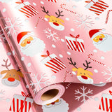 MAYPLUSS Pink Reversible Christmas Wrapping Paper, Girl Wrapping Paper, Metallic Foil Santa, Reindeer, Joy Candy, and Snowflake 