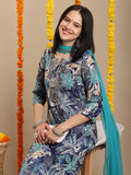 Anni Designer Women'S Rayon Blend Straight Printed Kurta With Pant & Dupatta (Rishi Blue_M_Blue_Medium),Blue,M,,,