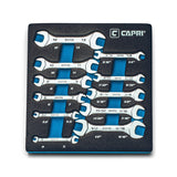 Capri Tools Slim Mini Open End Wrench Set with Mechanics Tray, Metric and SAE, 3.213 mm and 3/169/16 in, 11Piece