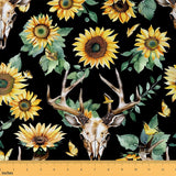 Feelyou Sunflower Outdoor Fabric by The Yard, Floral Cow Skull Boho Bull Skull Upholstery Fabric for Chairs, Bohemian Sunflowers