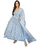 Anni Designer Women'S Rayon Viscose Printed Anarkali Kurta With Pant & Dupatta (Jamgarh Blue_L_Blue_Large),Blue,L
