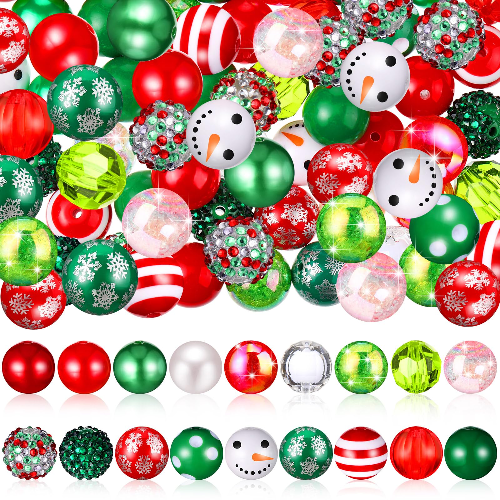 Realspring 100 Pcs 20 mm Christmas Rhinestone Bubblegum Beads for Pens Bulk Crystal Resin Acrylic Plastic Spacer Chunky Beads fo