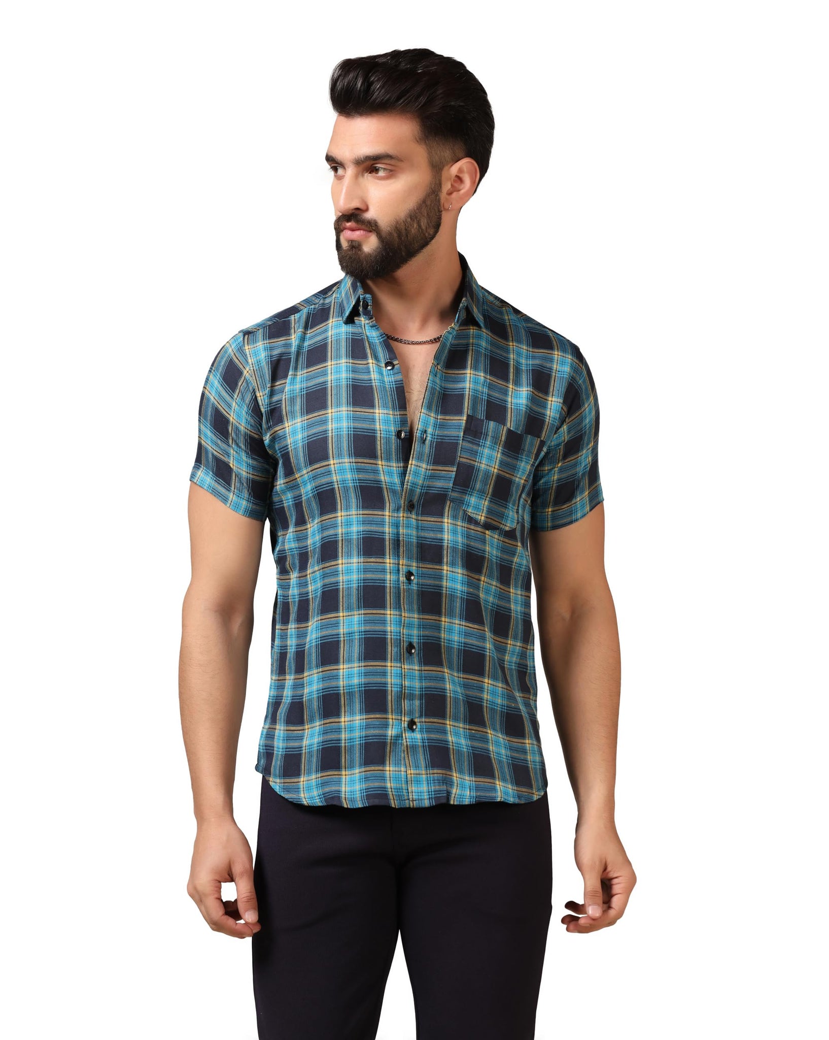 Toplot Men'S Regular Fit Casual Shirt Checks Design With Spread Collar & Half Sleeves (Chex-Shirt-5177-Sky-L),Sky,,B0CYGMMWKZ