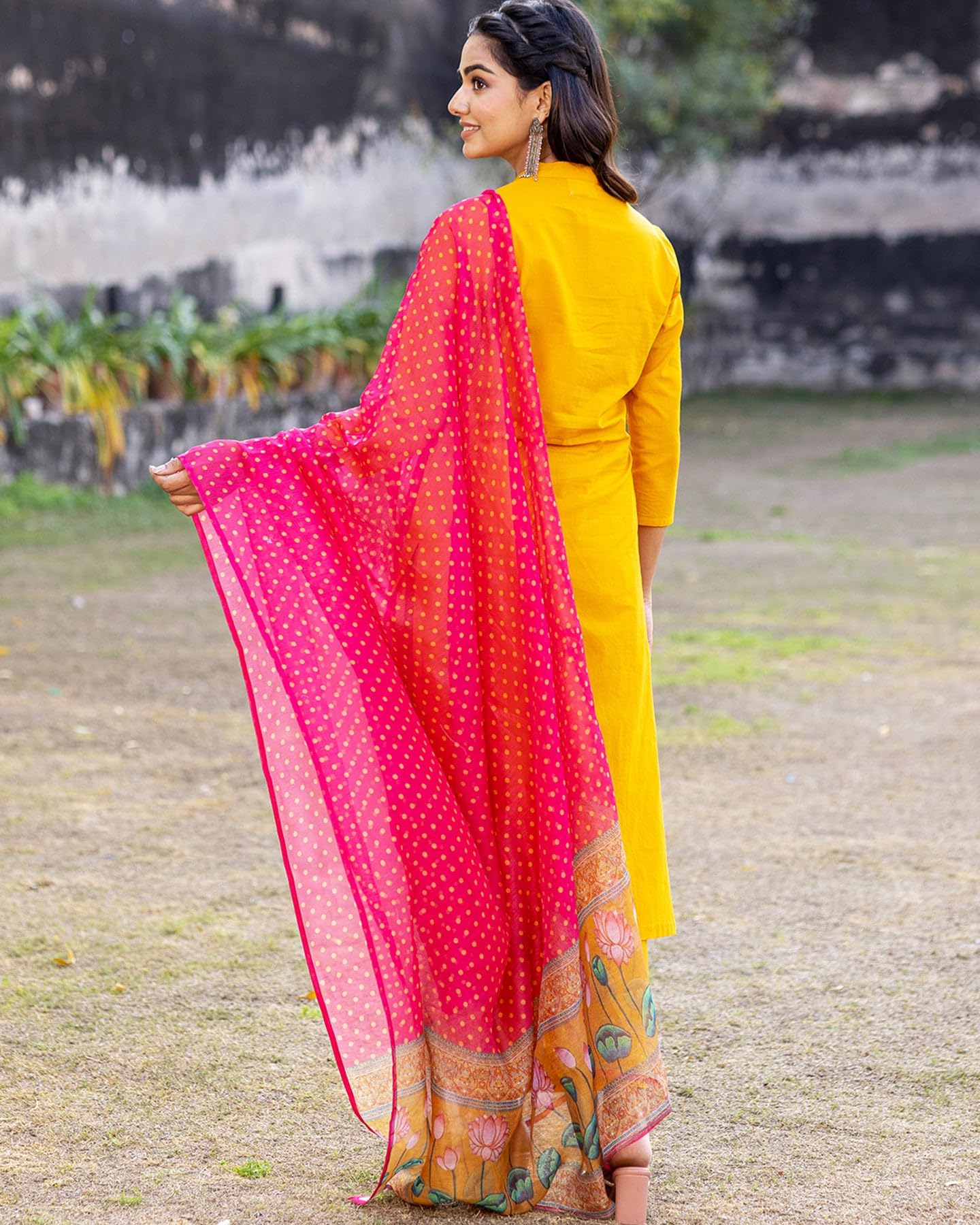 Anni Designer Women'S Cotton Blend Straight Printed Kurta With Pant & Dupatta (Devanshi-Yellow_L_Yellow_Large),Yellow,L,Cotton Blend,Regular,Dupatta