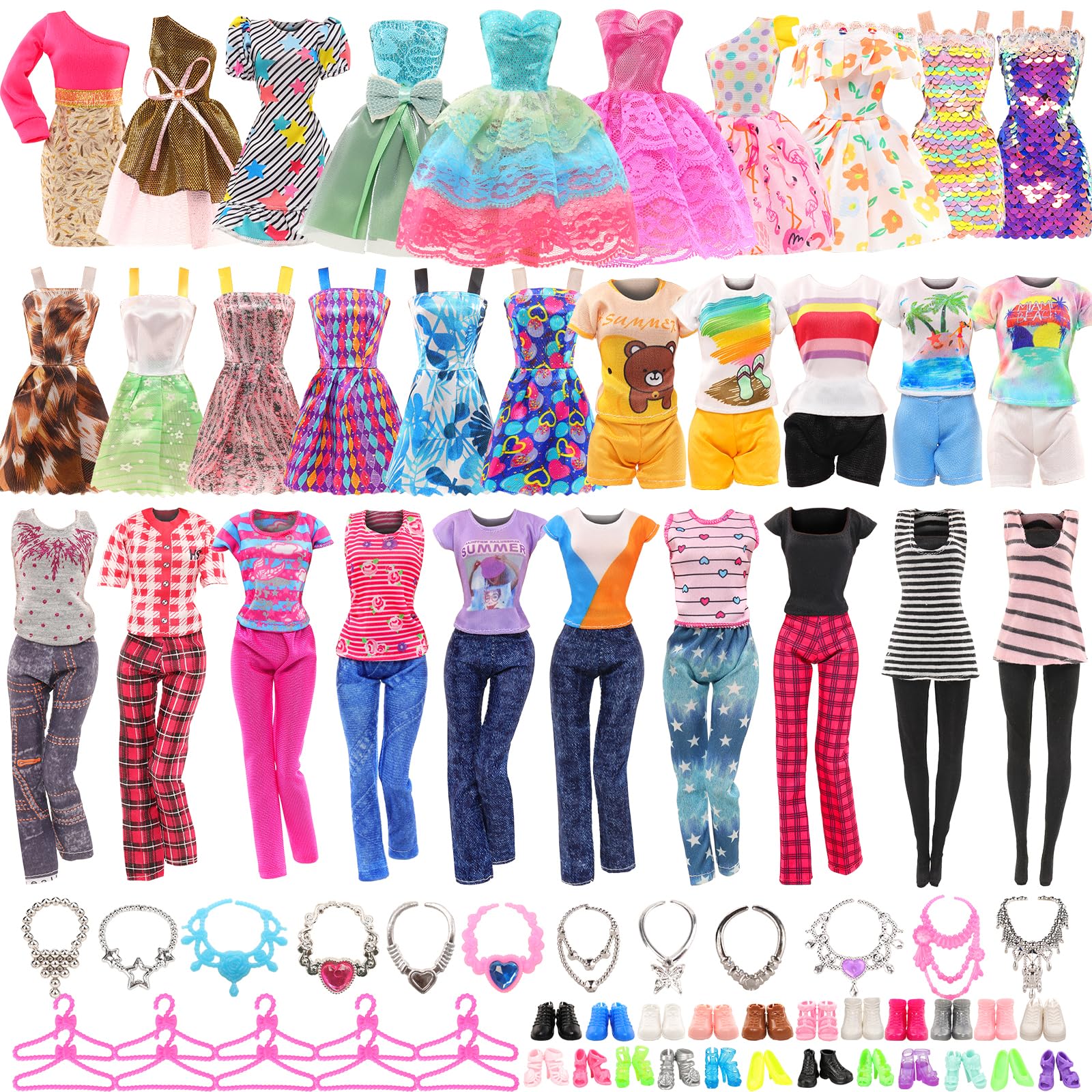 BARWA 42 Pack Doll Clothes and Accessories 5 PCS Fashion Dresses 5 Tops 5 Pants Outfits 6 PCS Mini Dresses 10 Shoes 6 Necklace 1