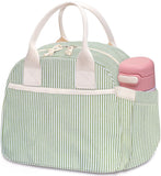 Carry bloom Lunch Box for Women, Insulated Lunch Bag Cute Corduroy Lunchbag Reusable Lunchbox for Work (1 green white stripes)