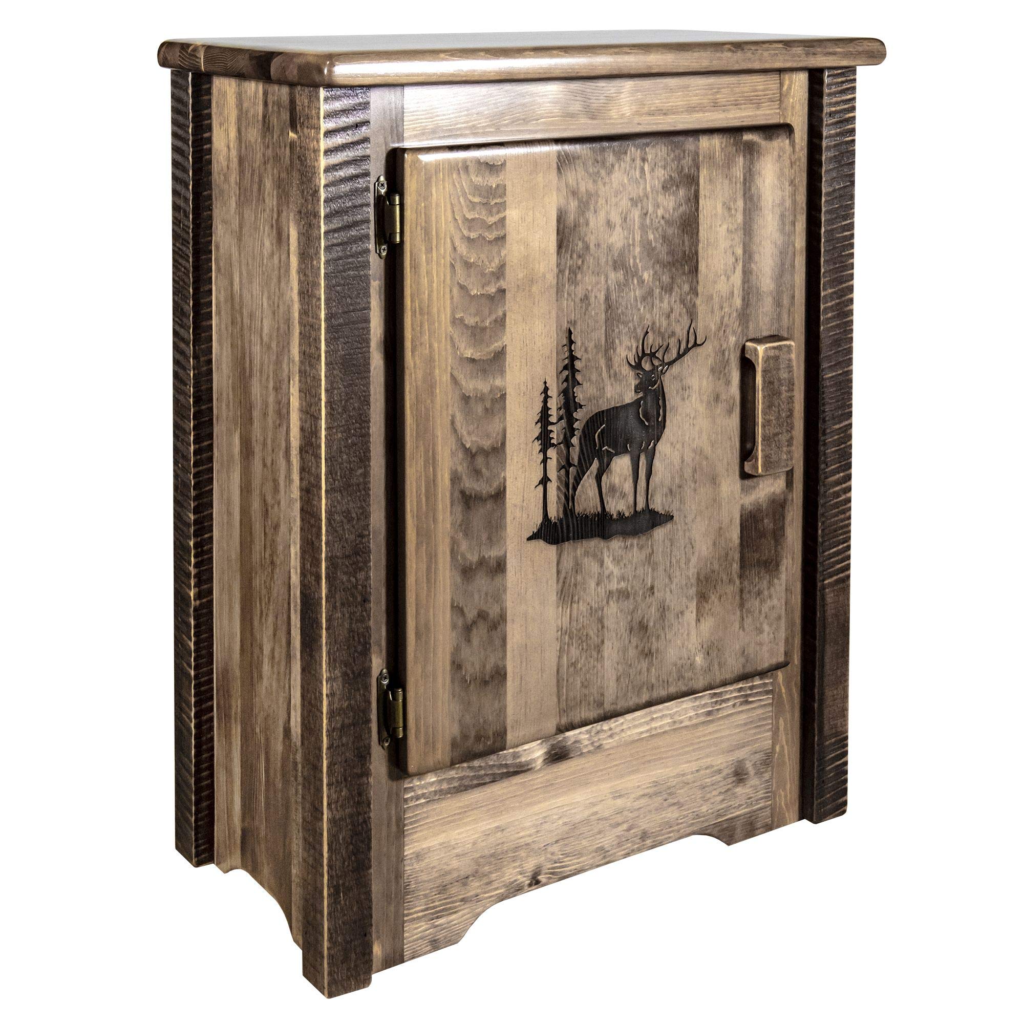 Montana Woodworks Homestead Collection Accent Cabinet With Laser Engraved Elk Design, Left Hinged, Stain & Clear, Stained & Clea