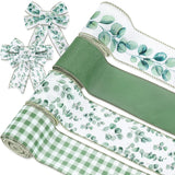AnyDesign 4 Rolls Eucalyptus Wired Edge Ribbon 24 Yards Greenery Decorative Ribbon Green Leaves Plaids Craft Fabric Ribbons for 