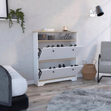 Tuhome Calgary Shoe Rack, Superior Top, One Open Shelf, Two Extendable Shelves -Light Oak/White