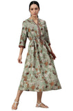 W for Woman Green Printed Ruched Western Dress, Garden Green, S