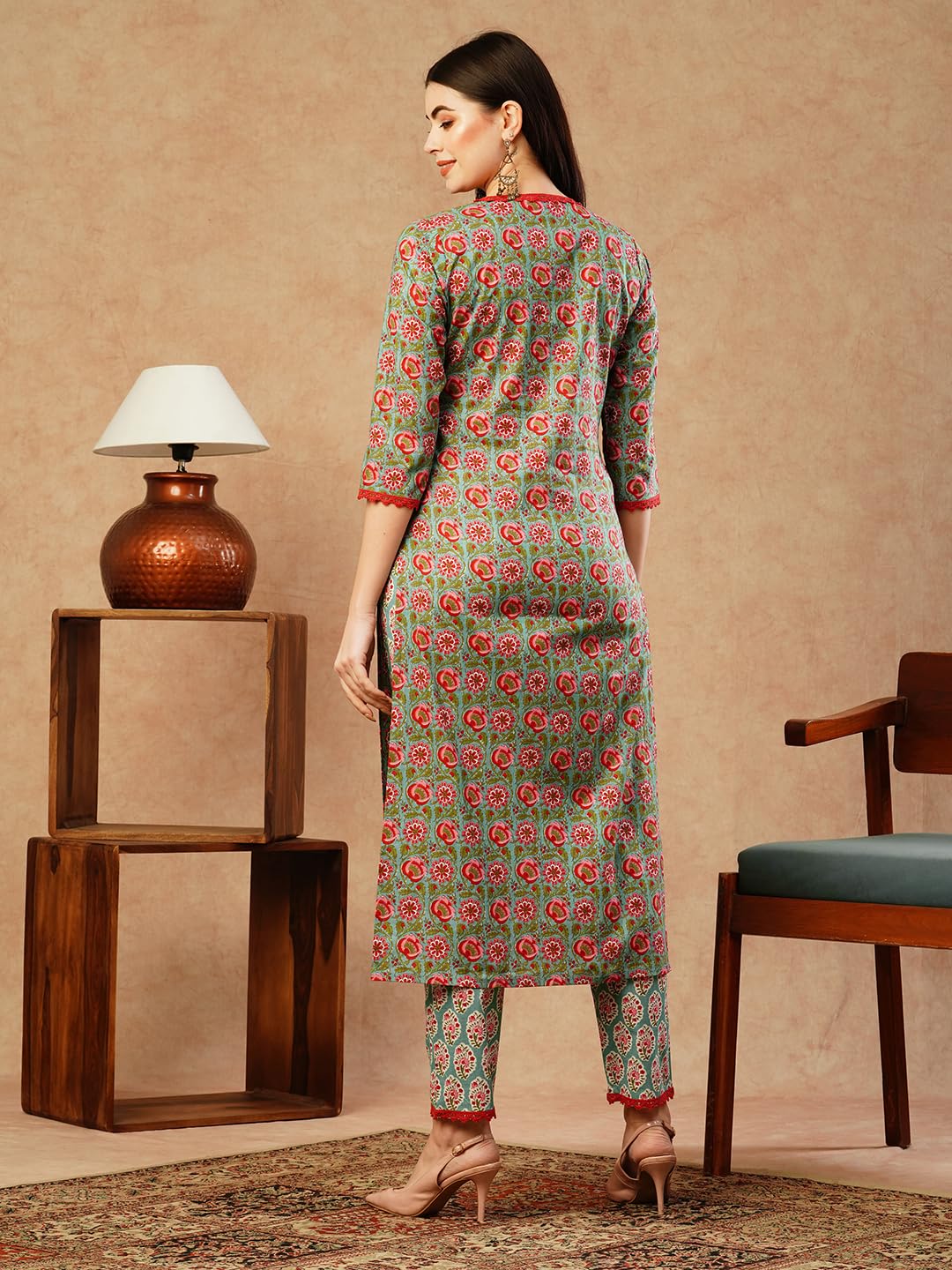 Gosriki Women'S Cotton Blend Straight Printed Kurta With Pant (Balajyoti Green-Gs_Xxl_Green_Xx-Large),Green,2,B0CSG3QBZD