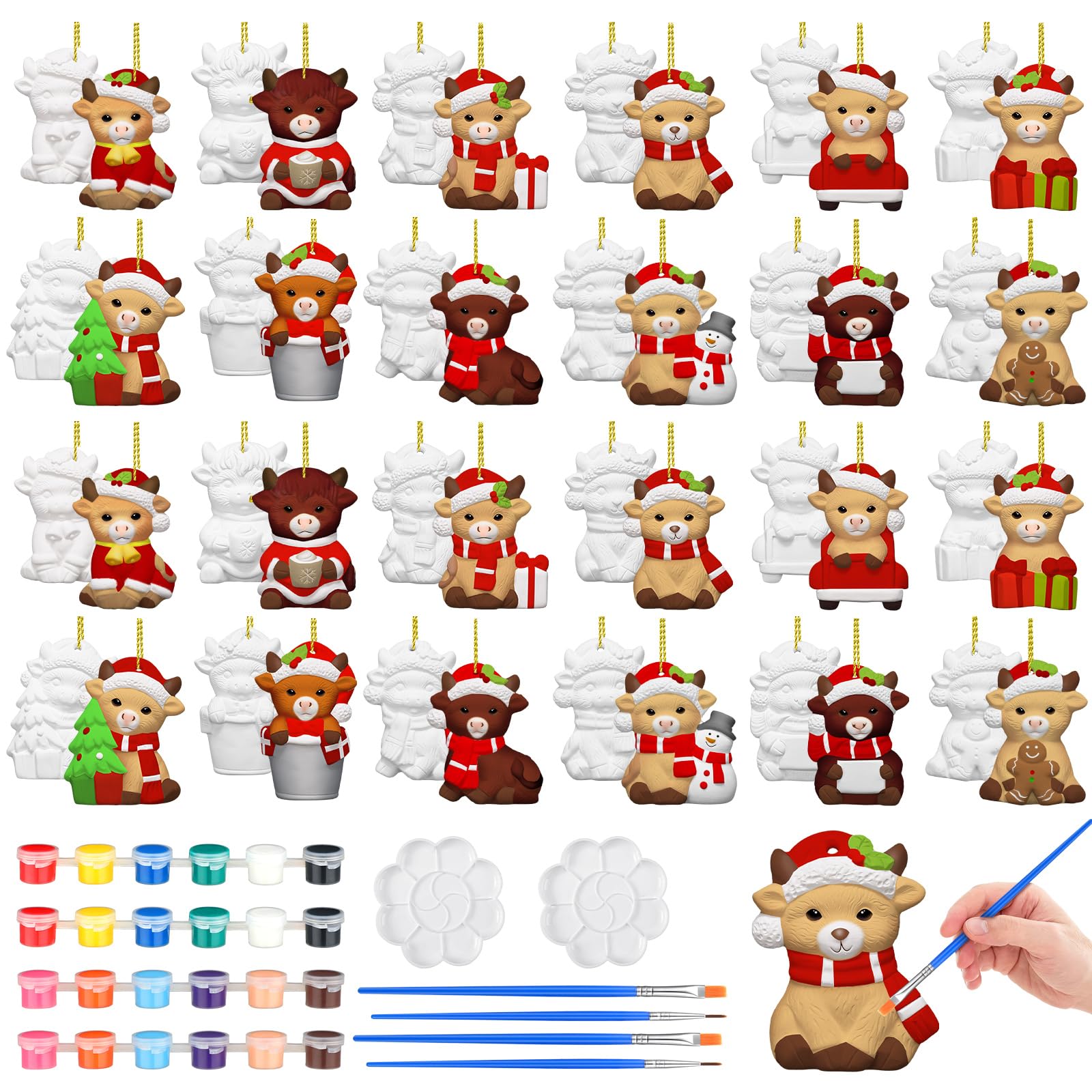 Suzile 24 Pcs Christmas Highland Cow Ceramic to Paint Ornaments for Tree Hanging Unpainted DIY Ceramic Painting Kit Ready to Pai