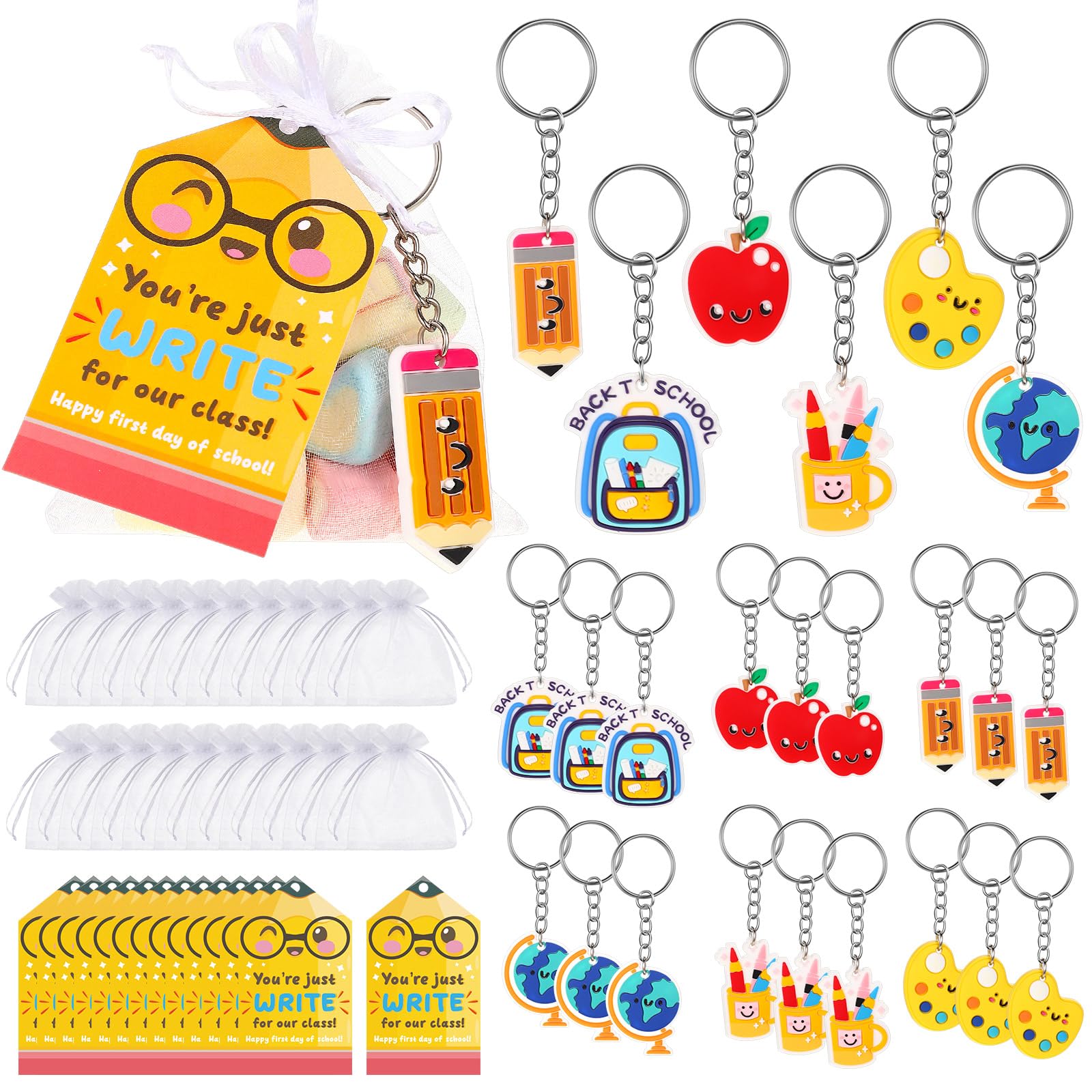 Trnayi 24 Set Back to School Gifts for Student, First Day of School Keychain Gift Set with Gift Tags and Organza Bags for Classr