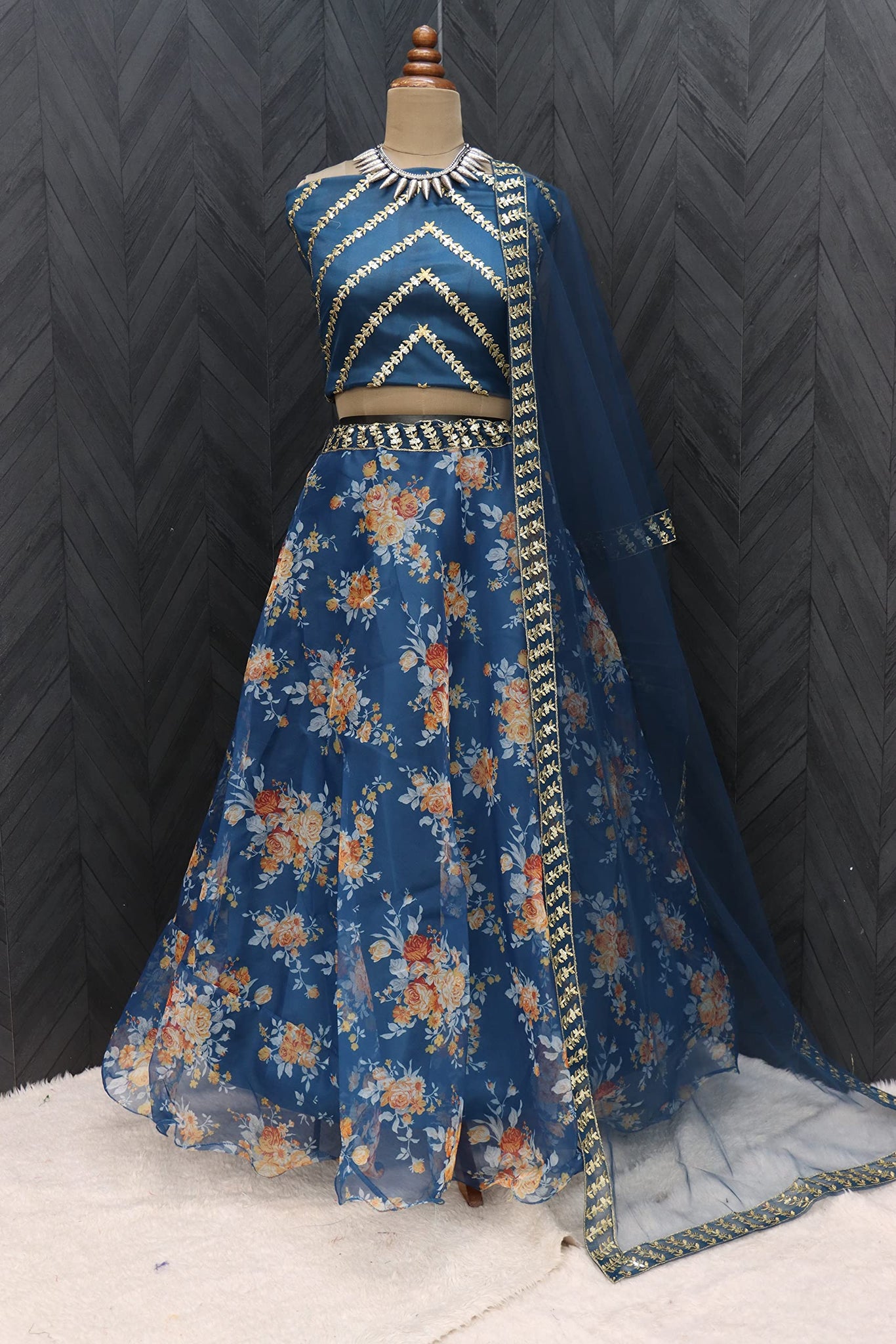 Fashion Basket Women'S Organza Printed & Jari Sequence Work Semi-Stitched Lehenga Choli (Blue)