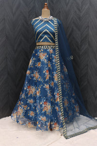 Fashion Basket Women'S Organza Printed & Jari Sequence Work Semi-Stitched Lehenga Choli (Blue)