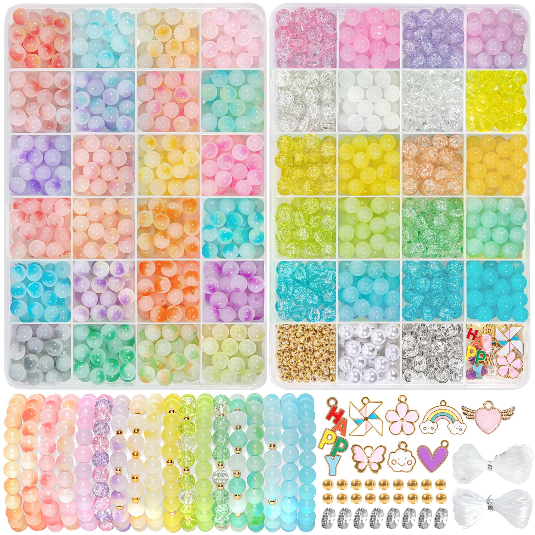 Ouddy Mode 2 Boxes Glass Beads for Bracelet Making Kit, 44 Colors Crystal Beads for Jewelry Making, 8 mm Round Friendship Bracel