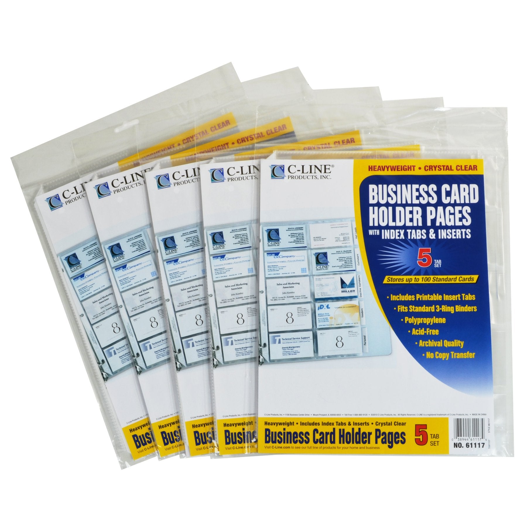 C-Line Business Card Holder Pages, Poly With Tabs/Inserts, 20 Cards/Page, 11 X 9 Inches, 5 Sets Of 5 Pages (61117-5)