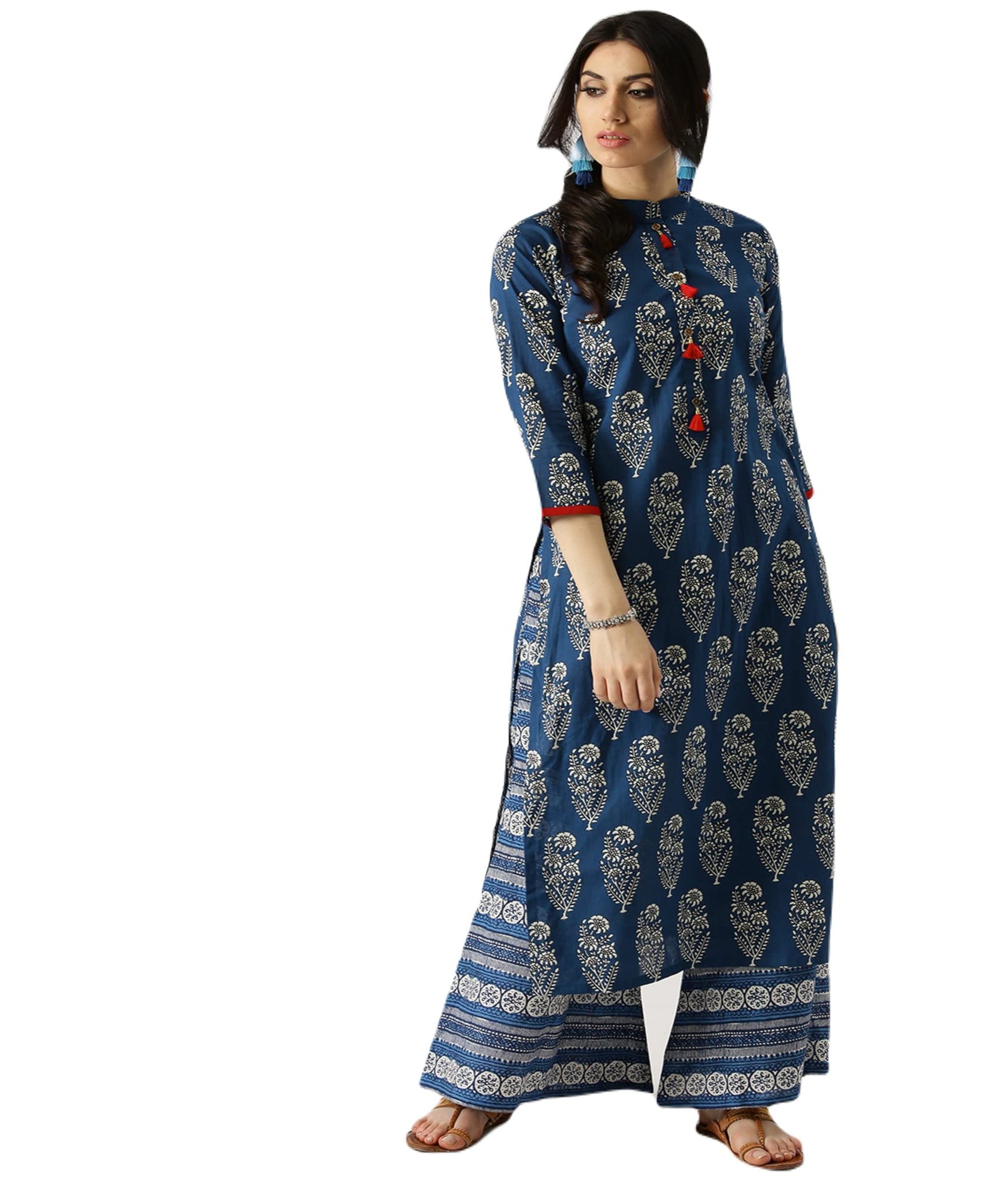 Anni Designer Women'S Cotton Blend Straight Printed Kurta With Palazzo (Firki Blue_S_Blue_Small),Blue,S