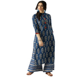 Anni Designer Women'S Cotton Blend Straight Printed Kurta With Palazzo (Firki Blue_S_Blue_Small),Blue,S