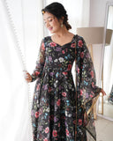 Women Floral Print Anarkali Kurta With Pant And Dupatta (Medium Black),Black,M,Georgette,Anarkali,Kurta, Scarf