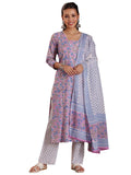 Libas Womens Printed Cotton Straight Kurta With Trousers And Dupatta