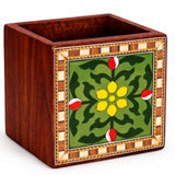 CRAFTSYLA Handcrafted Wooden Pen Holder with Decorative Ceramic Tile, Desk Organizer for Pens, Pencils, Scissors, Ruler & Office