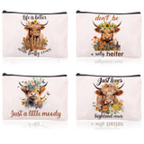 NOVBAUB Highland Cow Print Makeup Bag 4PCS Cute Highland Cow Makeup Bags Party Supplies Farm Theme Party Favor Gift Canvas Trave