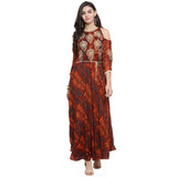 Ad4U WomenS Cold Shoulder Maxi Kurti, Orange And Brown Printed Pattern, Rayon Fabric, Embroidered Peacock Motif With TieUp Bel