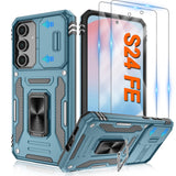 For Samsung Galaxy S24 FE Case with [2 Pack] HD Screen Protector & Slide Camera Cover, 360 Rotation Ring Kickstand [Military Gra