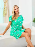 PNAEONG Women's Cotton Nightgown Sleepwear Short Sleeves Shirt Casual Print Sleepdress, Green Flamingo, Small