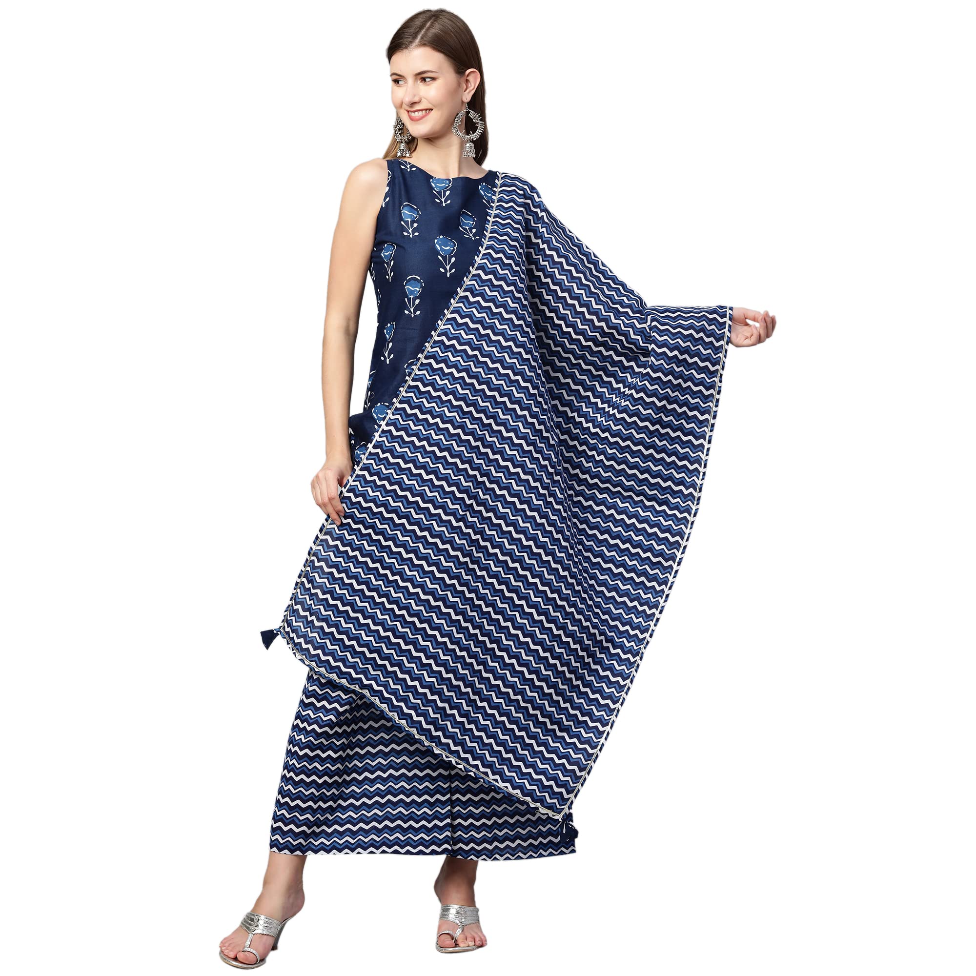 Anni Designer Women'S Cotton Straight Kurta With Palazzo & Dupatta (Kpzd-Cot-10060-Blue_M_Blue_Medium),Blue,M