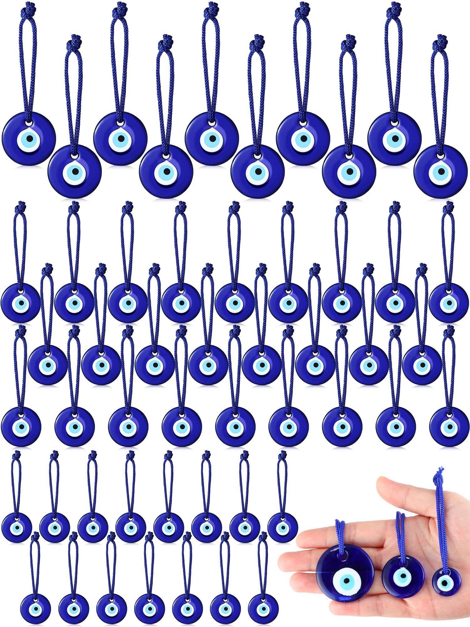 Jexine 50 Pcs Turkish Blue Evil Eye Beads Charms Evil Eye Pendants Crafting Glass Beads Wall Car Mirror Hanging Decor with Ropes