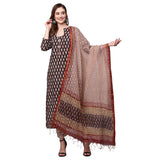 Anni Designer Women'S Cotton Blend Straight Printed Kurta With Pant & Dupatta (Nayantara Black-Sm_L_Black_Large),Black,L