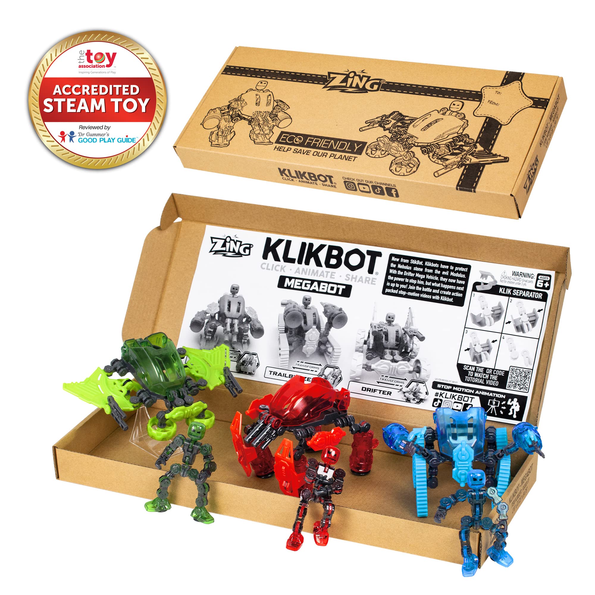 Zing Klikbot Megabots - Pack of Three - Green, Blue and Red - Toy Figures with Unique Accessories - for Kids 8 Plus
