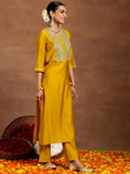 Libas Gerua Womens Yoke Design Silk Blend Straight Kurta With Trousers And Dupatta Mustard M