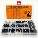 FIXXELY 360 Pcs Set Screws Assortment Kit (32 Sizes, Metric & SAE) - 12.9 Alloy Steel Hex Socket Grub Screws with Allen Keys for