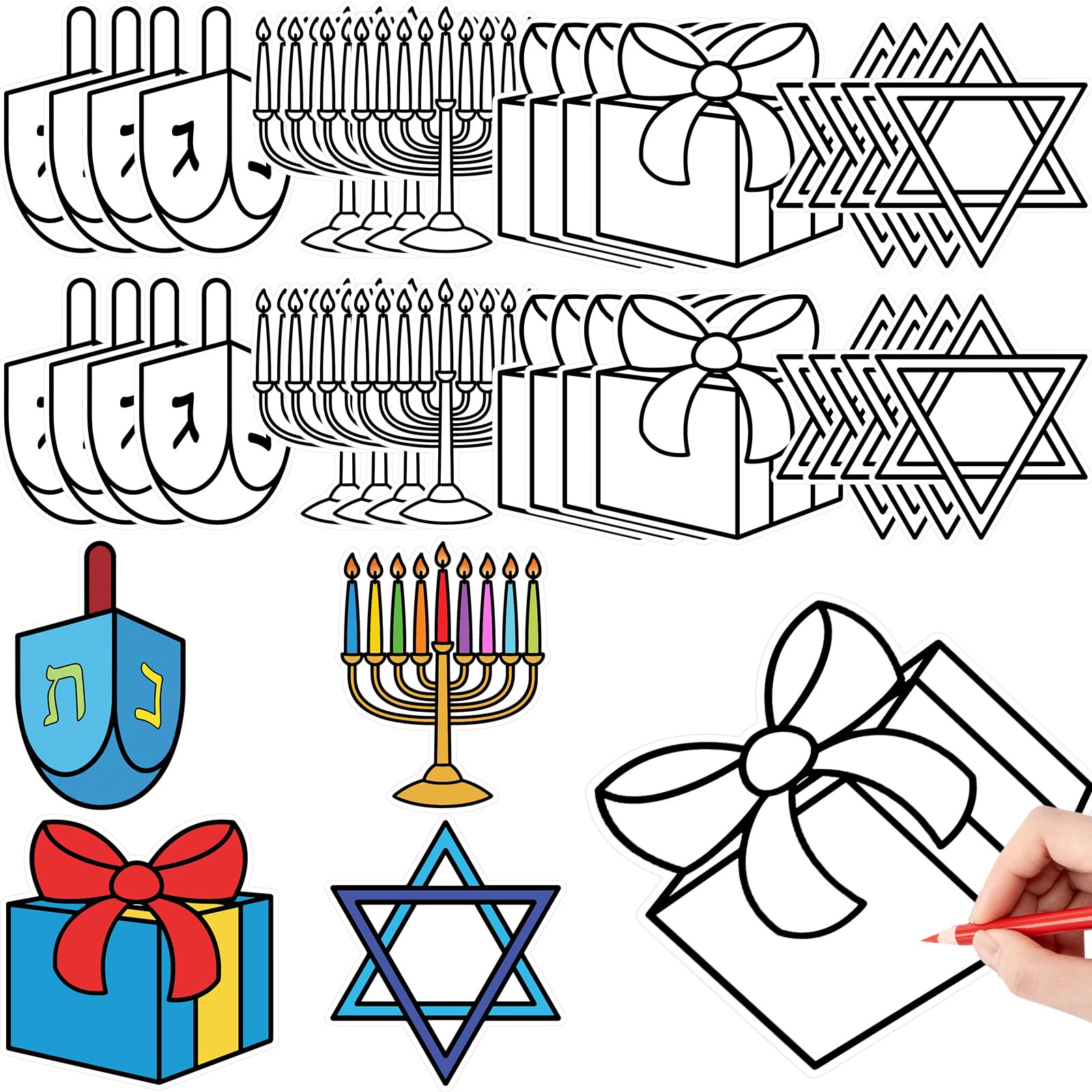 Moinchore 48 Pcs Hanukkah Crafts Color Your Own DIY Paper Star of David Menorah Dreidel Color Drawing DIY Craft Gifts for Men Wo