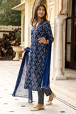 Gosriki Women'S Cotton Blend Straight Printed Kurta With Pant & Dupatta (Obito Navy Blue-Gs_S_Navy Blue_Small),Navy Blue,,B0CRZ65YX7
