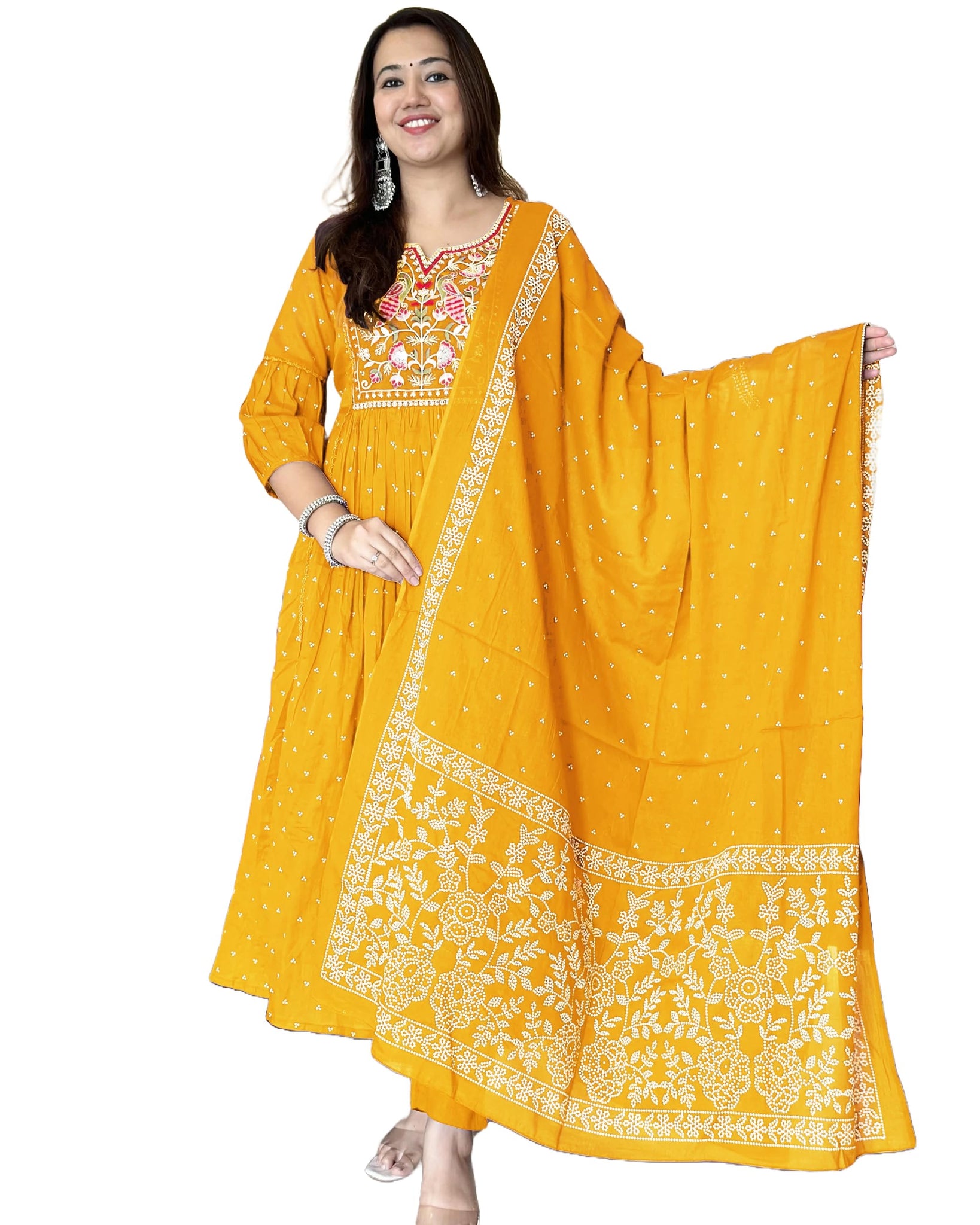 Anni Designer Women'S Rayon Viscose Embroidered Anarkali Kurta With Pant & Dupatta (Kanota Yellow-Vks05_S_Yellow_Small),Yellow,S