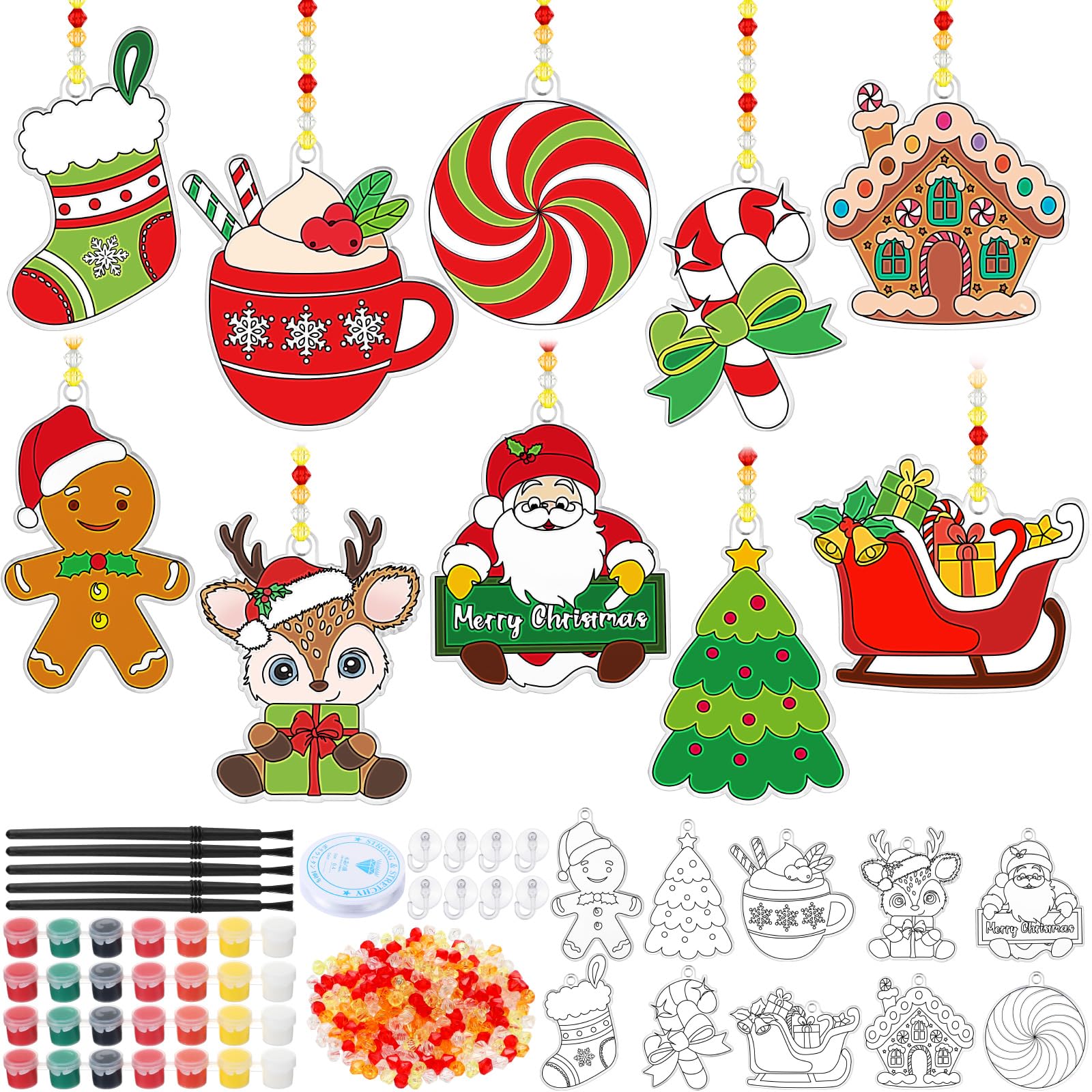 Beeveer 30 Sets Christmas Suncatcher Crafts DIY Window Paint Art Kit Snowman Gingerbread House Creative Xmas Window Ornaments fo
