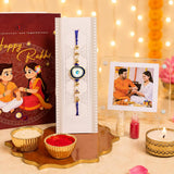 Art Street Evil Eye Rakhi Gift Hamper with Personalized Acrylic Photo Frame, Evil Eye Rakhi, Greeting Card, Roli Chawal & Premiu