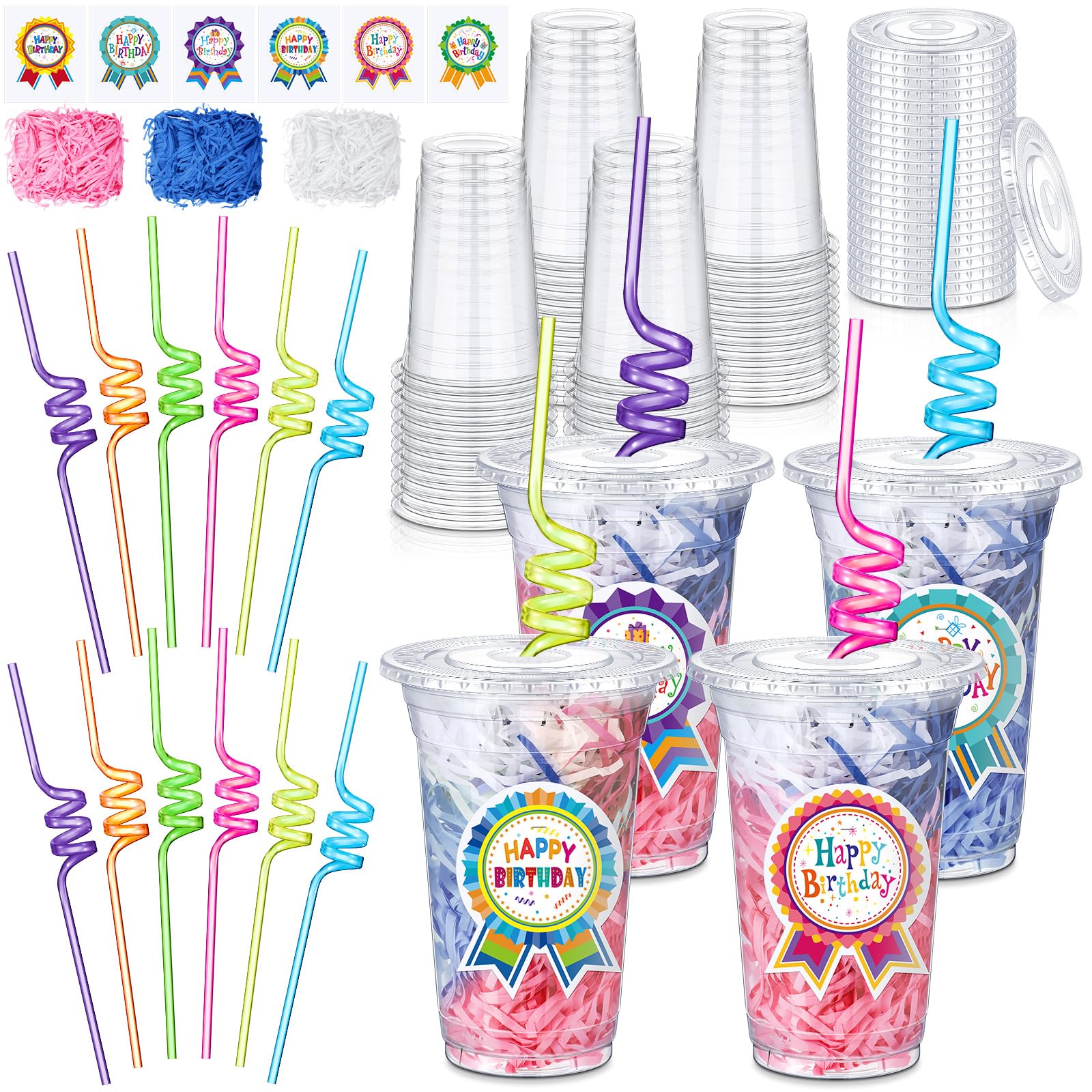 Qinyoung 24 Set Creative Happy Birthday Gifts from Teacher Students Birthday Cups with Lids Colorful Straws Stickers and Raffia 