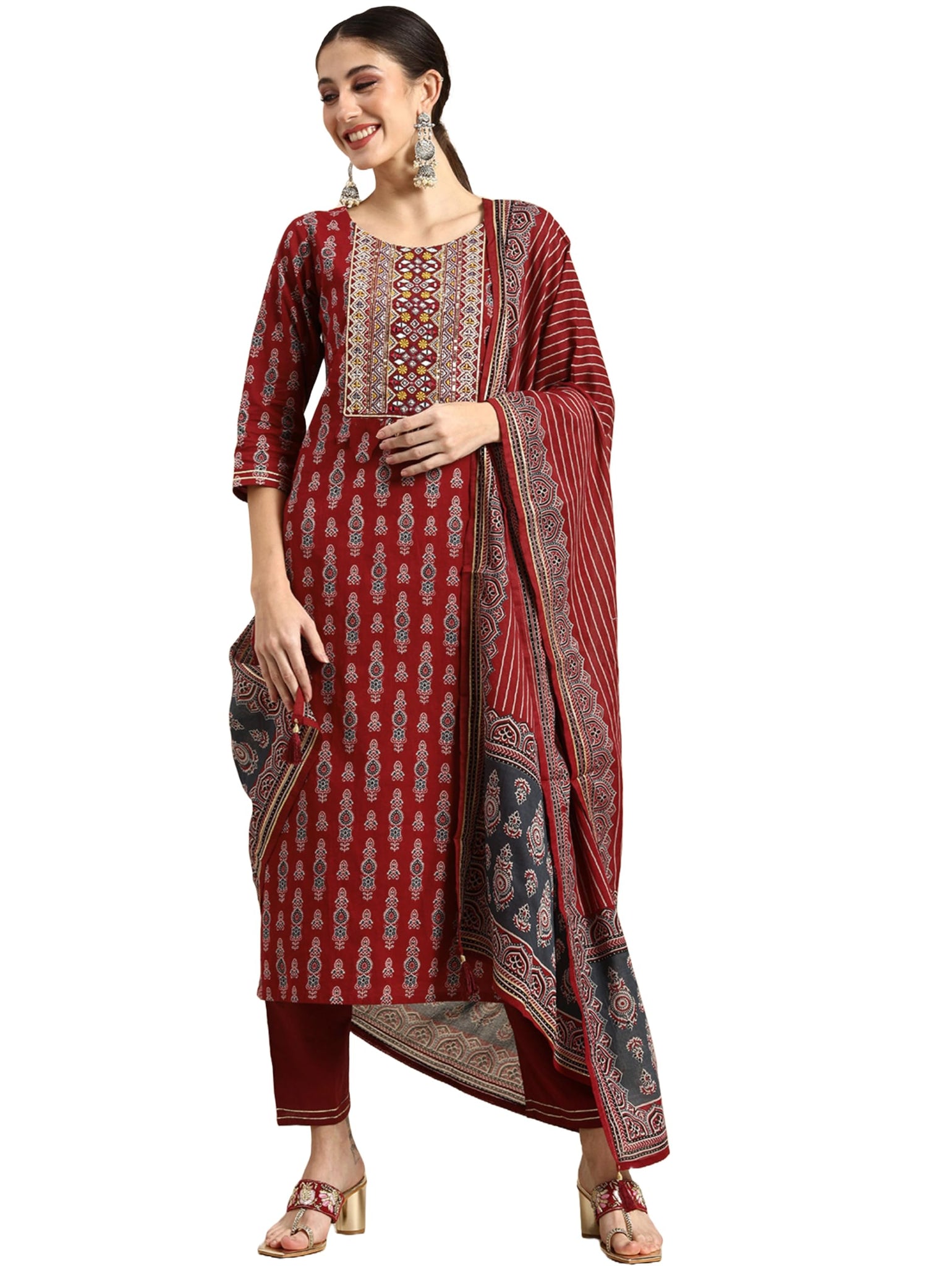 Alvami Women Printed Kurta and Pant Set with Dupatta (in, Alpha, XL, Red)