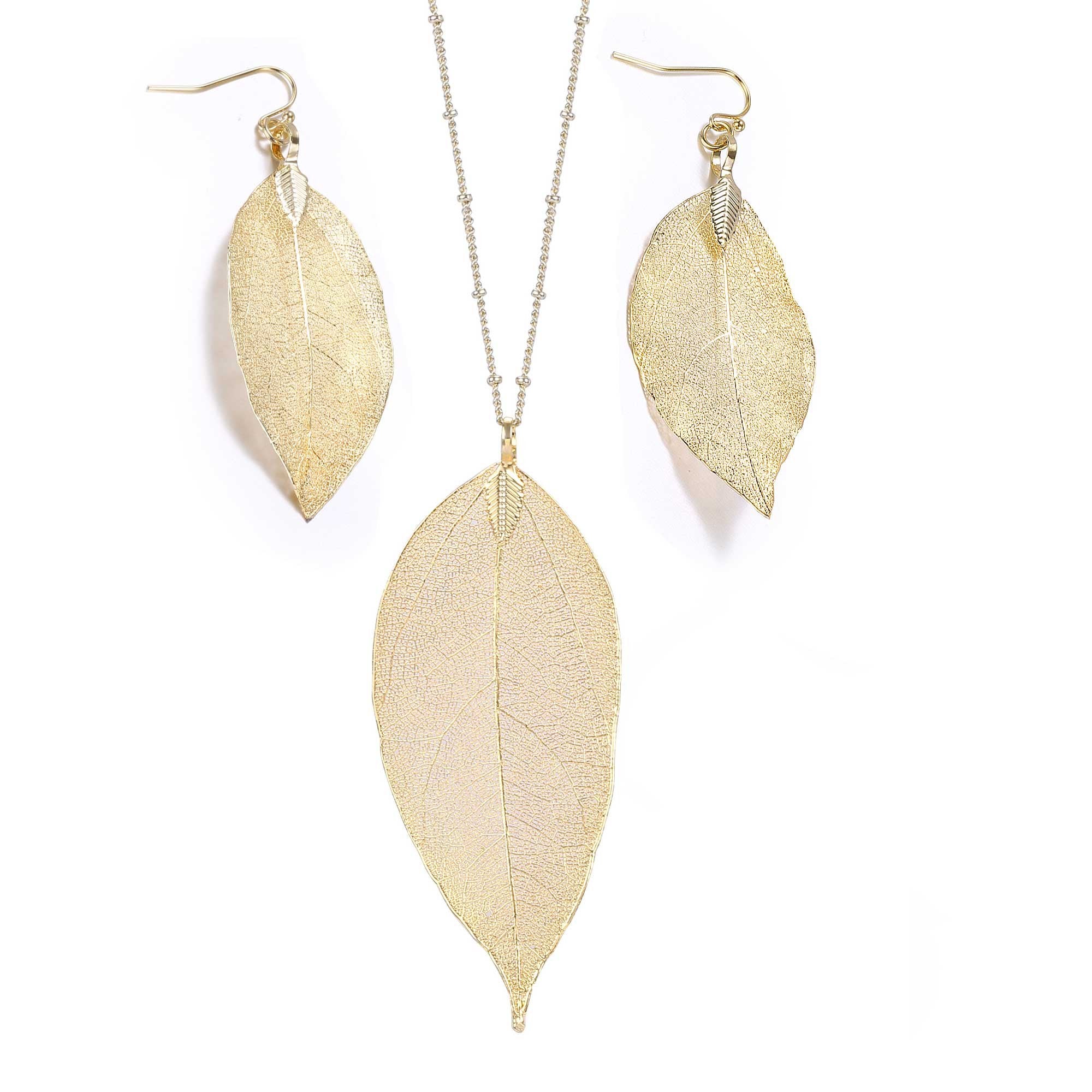 BOUTIQUELOVIN Gold Leaf Necklace Earrings Set for Women Long Tassel & Feather Boho Necklaces Large Costume Accessory aspen leaf 